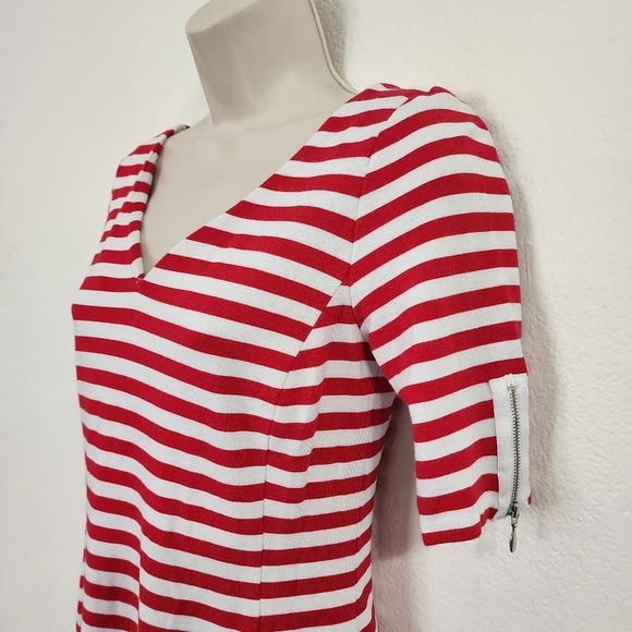 BANANA REPUBLIC Striped Zipped Back Ponte V Neck Dress Red White Size 4 - Picture 5 of 12